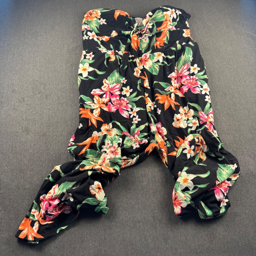 No Boundaries Womens XXL Tropical Floral Strapless Wide Leg Jumpsuit Black Pink - Picture 7 of 10